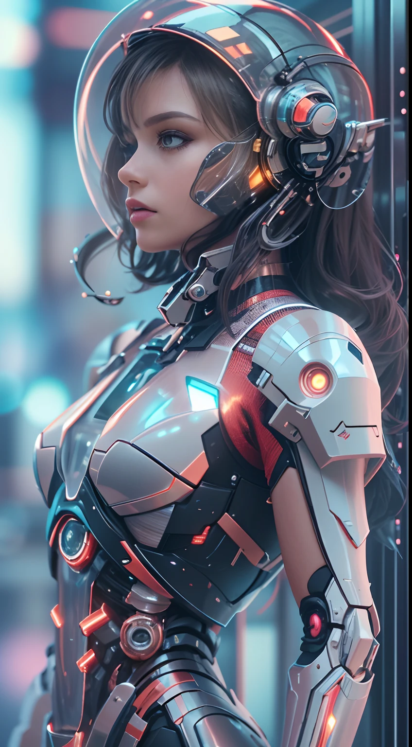 Translucent ethereal mechanical astronaut，Futuristic girl，Mechanical joints，Futuristic space helmet，futuristic urban background，ModelShoot style, (Extremely detailed Cg Unity 8K wallpapers), Abstract stylized beauty,，surrealism, 8K, Super detail, Best quality, Award-Awarded, Anatomically correct, 16k, Super detail