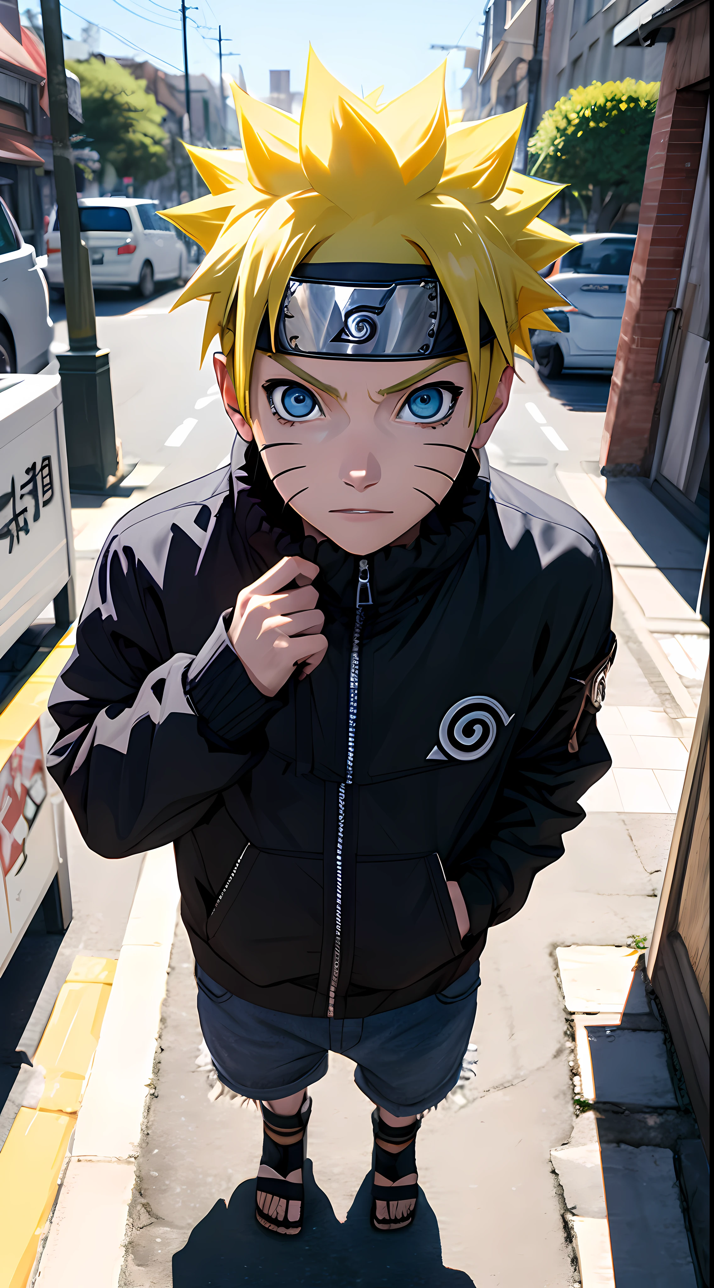 obra de arte, Estilo excelente, roupas urbanas, ar livre, meio corpo, Uzumaki Naruto, olhos azuis, Cabelo amarelo curto,um menino