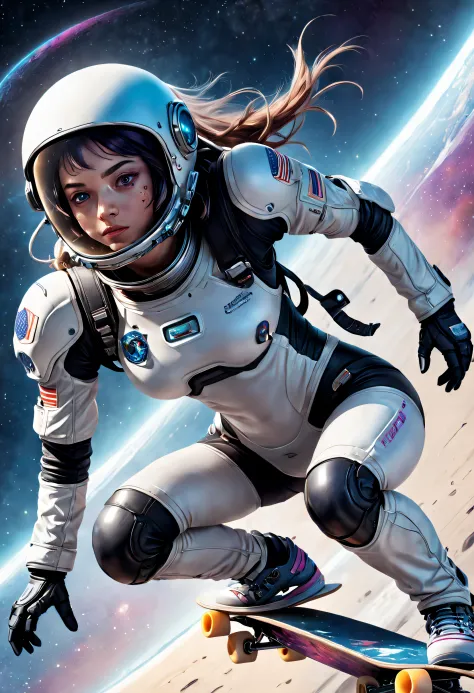 Futuristic female astronaut skateboarding in space，Futuristic tech skateboarding，Cosmic shuttle skateboarding，Mechanical skatebo...