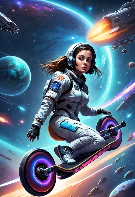 Futuristic female astronaut pedaling skateboard in space，Futuristic tech skateboarding，Beautiful sci-fi art, Science-fi digital ...