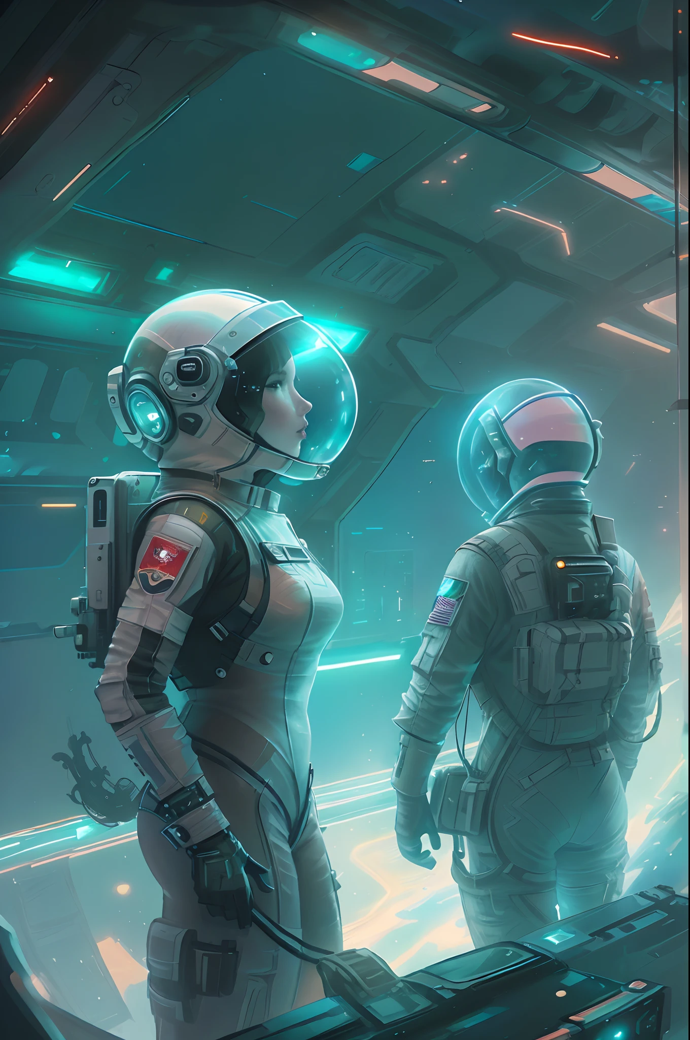 Futuristic astronauts inside a spaceship, Female astronaut in thin spacesuit, Beautiful sci-fi art, Science-fi digital art illustration, Digital cyberpunk art, science fiction digital painting, futuristic digital painting, futuristic concept art, Inside a sci-fi spaceship, science fiction digital art, Advanced digital cyberpunk art, Fantastic cyberpunk female astronaut