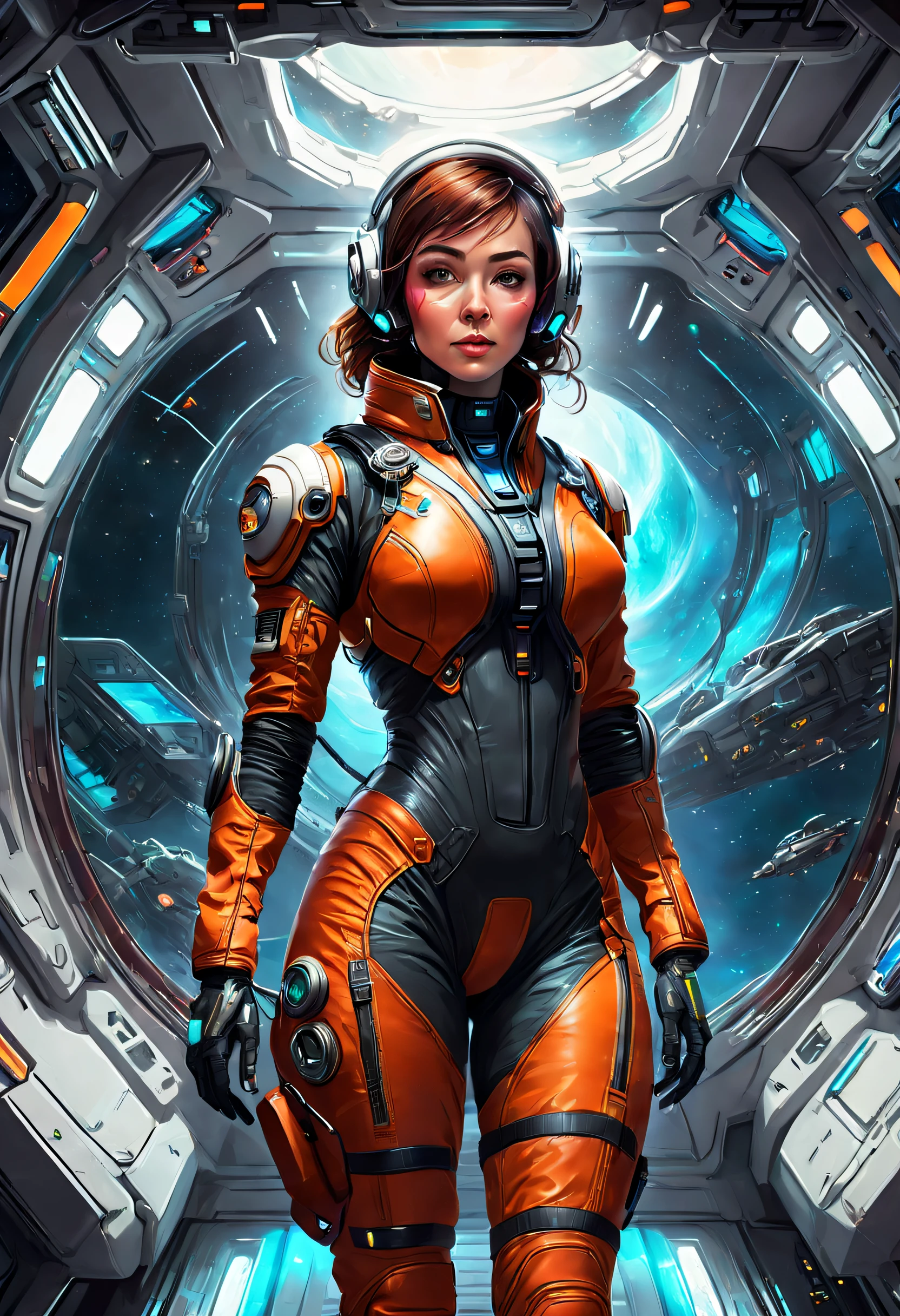 Futuristic astronauts inside a spaceship, Female astronaut wearing a thin spacesuit, Beautiful sci-fi art, Science-fi digital art illustration, Digital cyberpunk art, science fiction digital painting, futuristic digital painting, futuristic concept art, Inside a sci-fi spaceship, science fiction digital art, Advanced digital cyberpunk art, Fantastic cyberpunk female astronaut