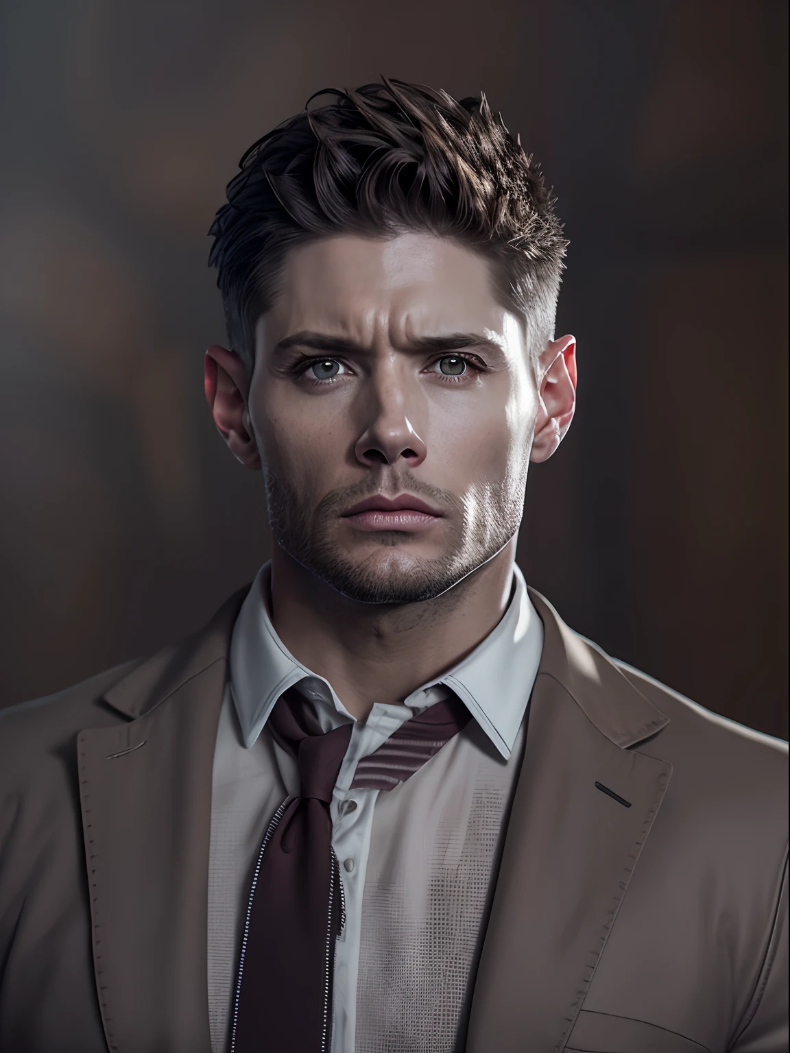 (8k, best quality, master part:1.2), (fotorrealista:1.4), Foto RAW, best quality, extra high resolution, melhor sombra, (corpo inteiro:1.2), (Reitor Winchester), Jensen Ackles,  torso nu, Arredores deslumbrantes em grande escala, horror, horror sombrio, highly detailed face features, Beautiful and flawless face, olhos perfeitos