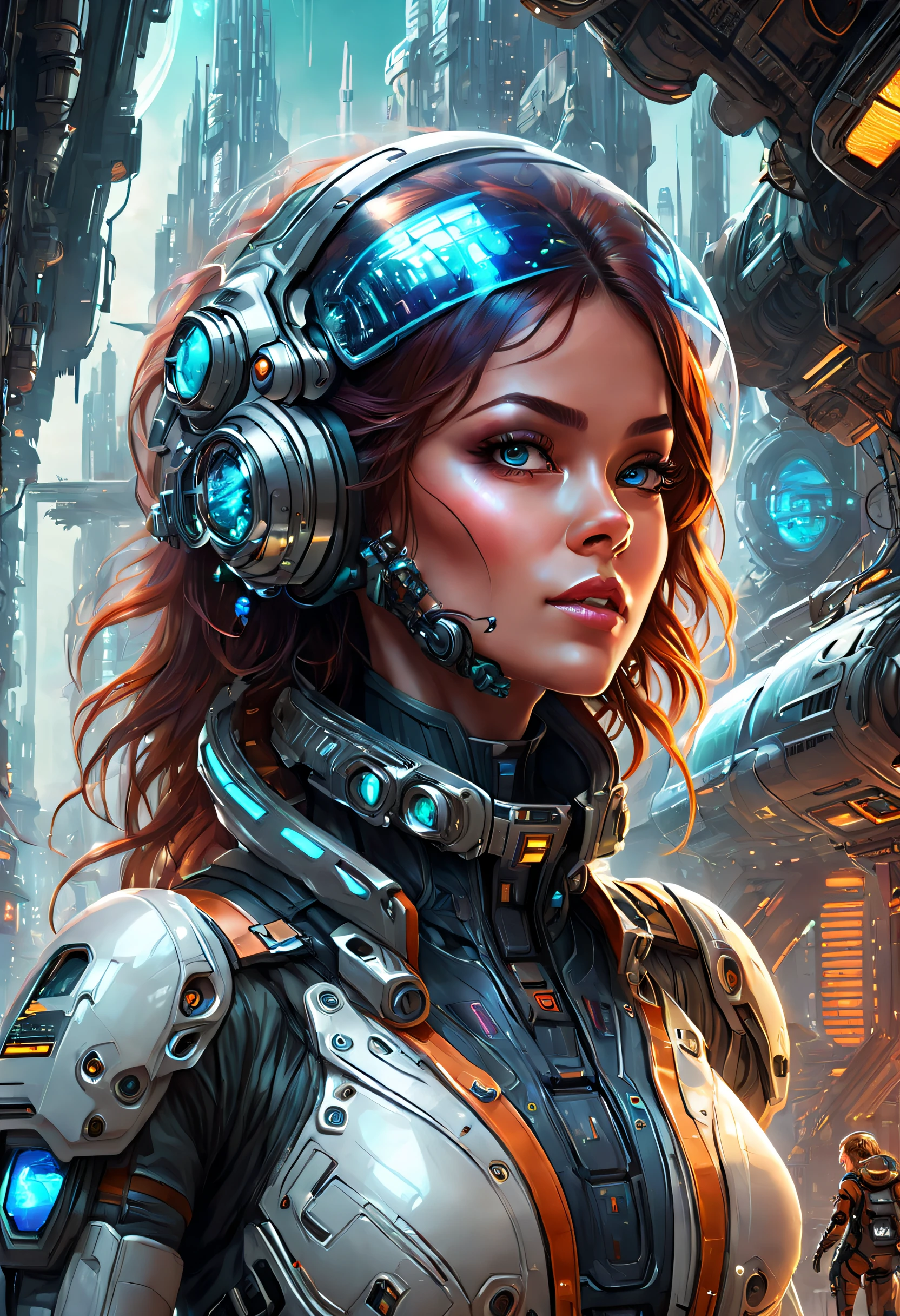 Futuristic astronauts in a futuristic city set inside a spaceship, Translucent mechanical female astronaut, Beautiful sci-fi art, Science-fi digital art illustration, Digital cyberpunk art, science fiction digital painting, futuristic digital painting, futuristic concept art, Inside the sci-fi spaceship, science fiction digital art, Advanced digital cyberpunk art, Fantastic cyberpunk female astronaut