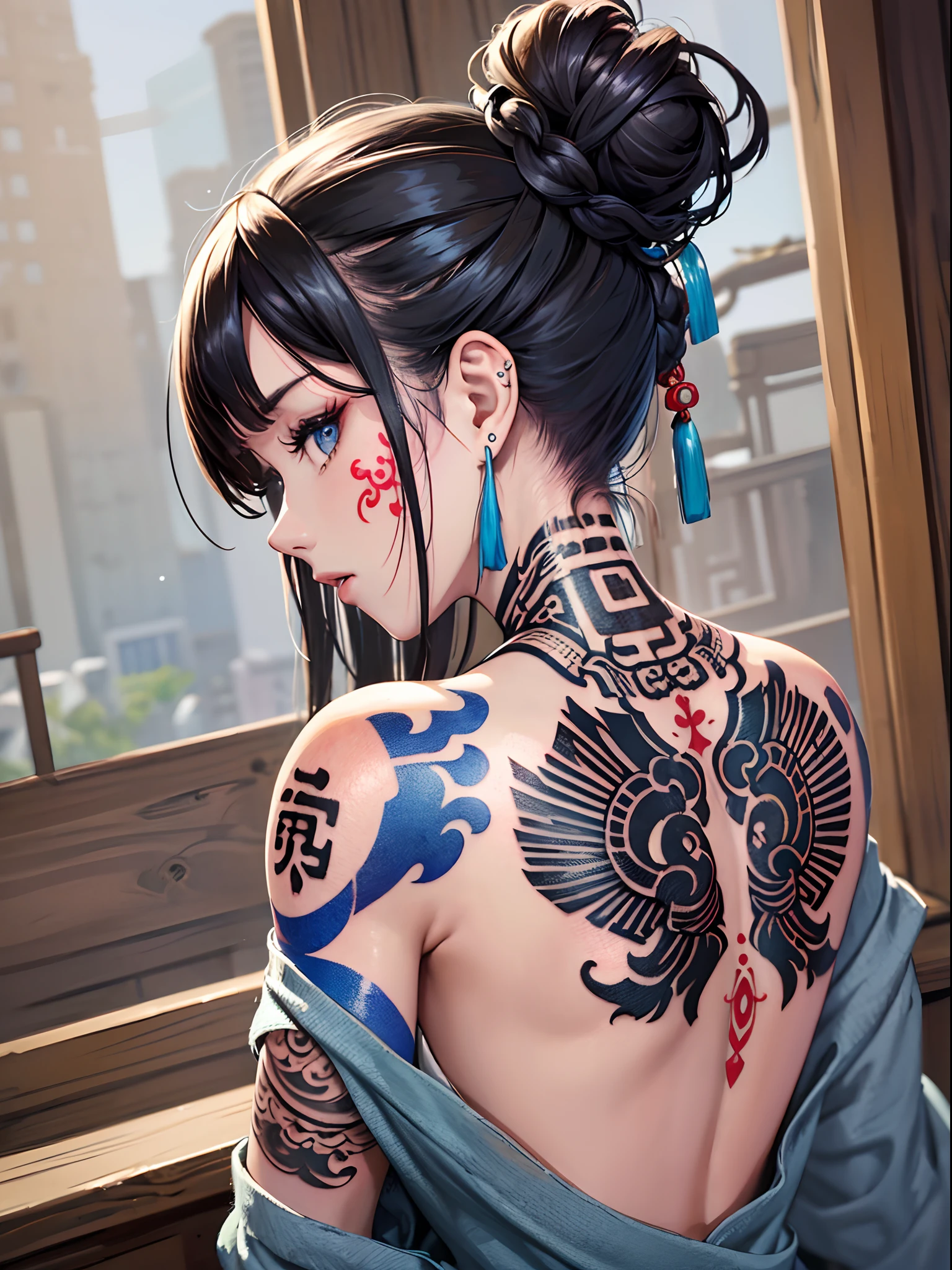 (masterpiece best quality:1.4),1girl, (tattoo of chinese text:1.5), solo, solder tattoo, hair flowers, long hair, blue eyes, looking at viewer,back tattoo,tattoo, from side, black hair, tassel, bare shoulders, hanfu, chinese clothes,back, bangs, upper body, earrings, indoors, nape, off shoulder, jewelry, eyelashes, lips, back focus, profile, hair bun, sliding doors, piercing, single hair bun,