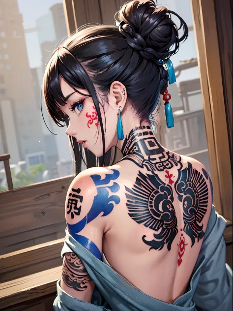 (masterpiece best quality:1.4),1girl, (tattoo of chinese text:1.5), solo, solder tattoo, hair flowers, long hair, blue eyes, loo...