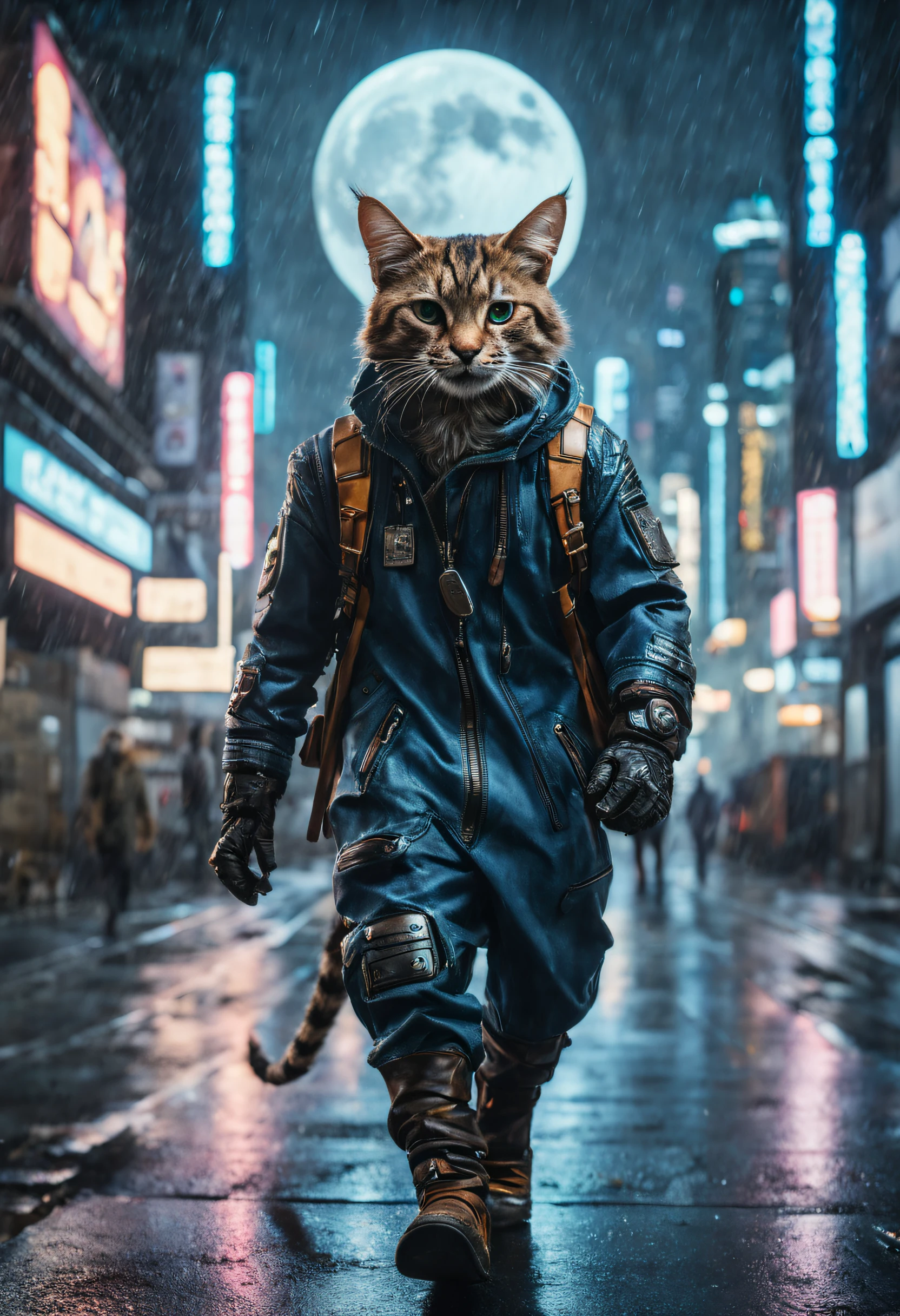 Hyperrealistic RAW analog photo of an anthro (tabbycat:1.1) (man:0.9) dressed in cyberpunk, walking through future cyber city on a rainy night, full circular moon in sky, stars,|(sharp focus, hyper detailed, highly intricate, physically based unbiased rendering:1.10), natural lighting, Extremely high-resolution details, photographic, realism pushed to extreme, fine texture, incredibly lifelike, cinematic, 35mm film, 35mm photography, film, photo realism, DSLR, 8k uhd, hdr, ultra-detailed, high quality, [[skin]]