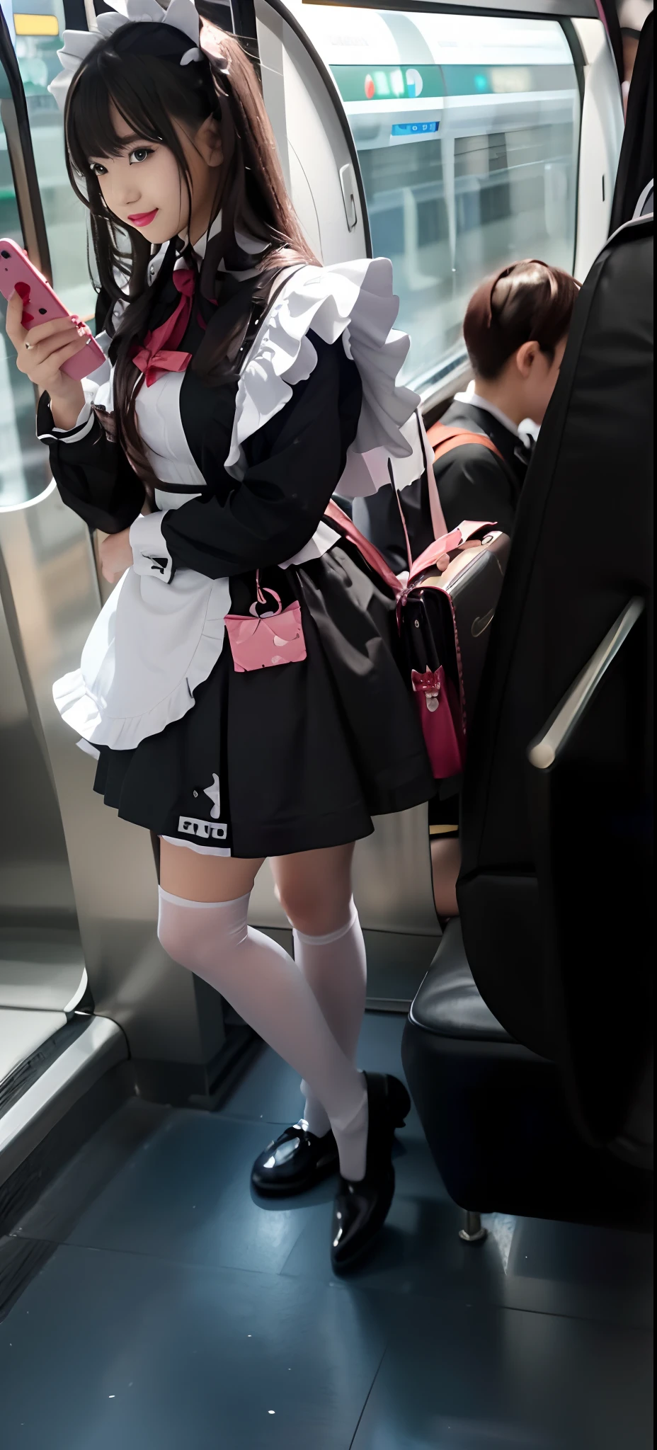 Araffe dressed in a maid outfit on a subway train - SeaArt AI