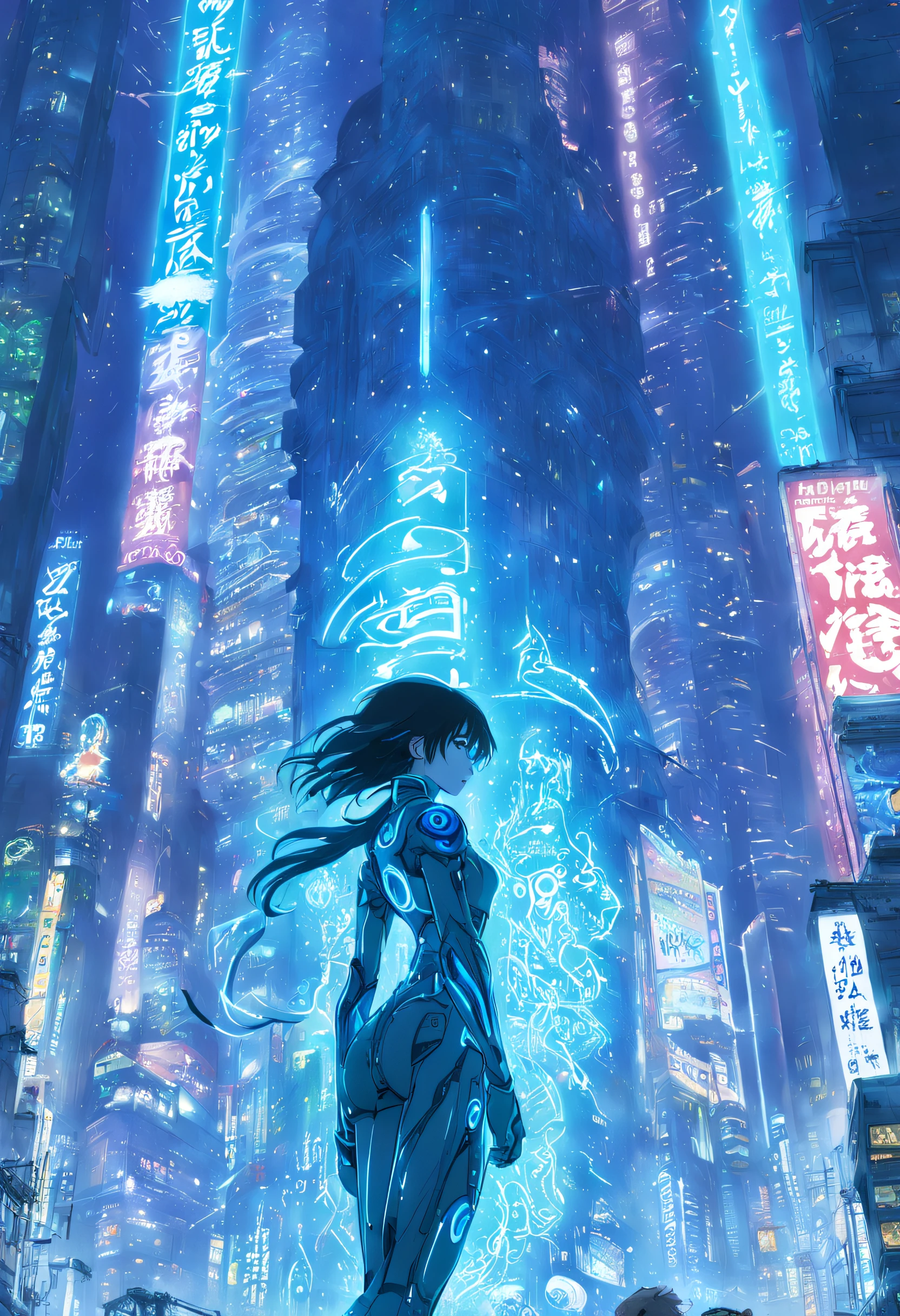 dynamic art by yoshitaka amano, makoto shinkai, studio ghibli, cinematic rearview of cortana posing dynamically in a cyberpunk armor looking up at a tall cyberpunk neo tokyo well lit highrise building, filled with neon signs