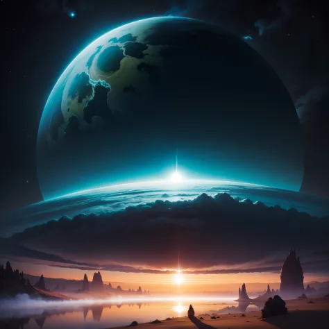 alien planet. paisagem campestre, starly sky, smoke around, belissimo, imagem premiada, alta resolução