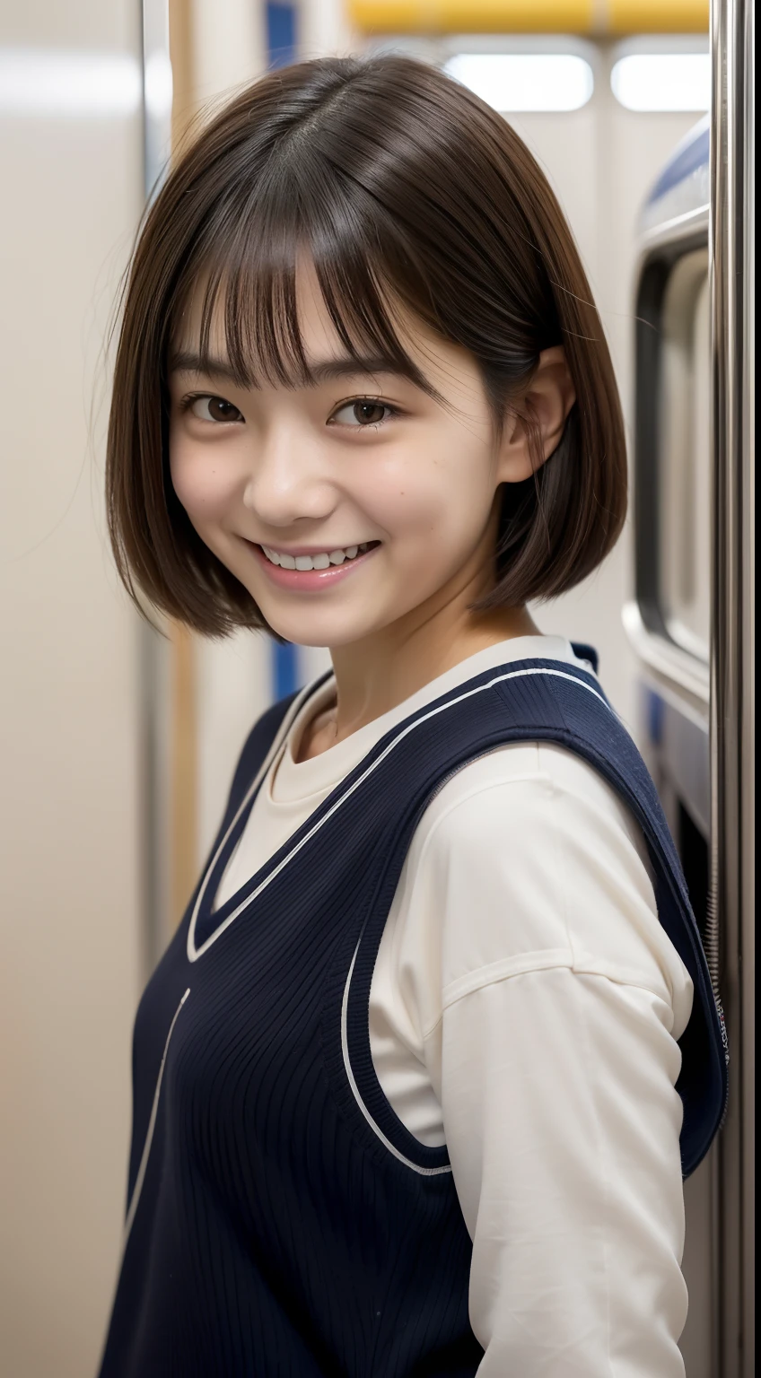 masutepiece, Best Quality, (1日本人の女の子), 15yo student, skinny, ((completely :1.2)), ((full body Esbian)), (Pretty round face),(tanned brown skin), (Black hair), (short-cut, Bangs), (Smile), ((Very big:1.2)), Commuter train, ((NSFW:1.1)), Volleyball Club