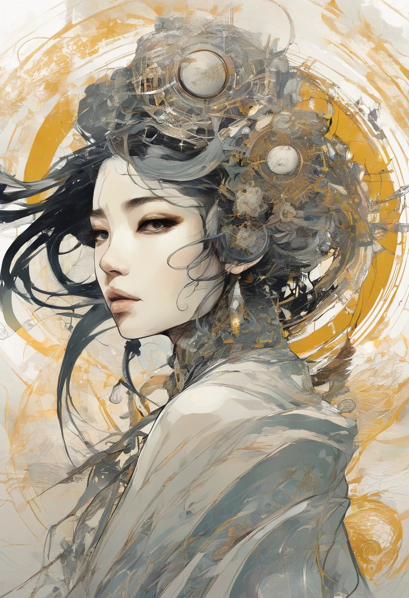 hand drawn sketch illustration of a beautiful SILVER GOLD and BLACK portrait of a very_YOUNG ancient japanese geisha, glowing eyes, long hair, hyperdetailed sad face, intricately kimono, golden ratio, light aura, frosty myst, ANIME MANGA STYLE, highly detailed, intricate motifs, organic tracery, perfect composition, digital painting, artstation, concept art, smooth, sharp focus, illustration, Carne Griffiths, Victo ngai, Jean Baptiste Monge, pixar, watercolour style, art by Yoji Shinkawa, Carne Griffiths, Russ Mills, Ink splatter, ink brush painting, calligraphy, ink wash, smudges: (best quality)), intricate detailed,