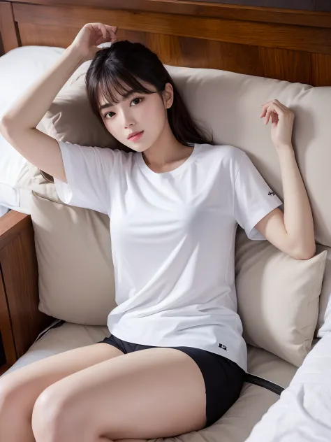 Masterpiece, best quality, high quality, 8k, UHD, Arafed a beautiful women sitting, in the bed, sport t-shirt, eyelid, white skin, black hair, smoot thigh