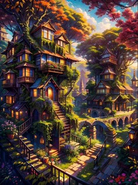 (best quality,4k,8k,highres,masterpiece:1.2),ultra-detailed,(realistic,photorealistic,photo-realistic:1.37),otherworldly city,a city on a tree,a giant world tree with long and big vines,large-sized colorful houses suspended in mid-air by the vines,houses h...