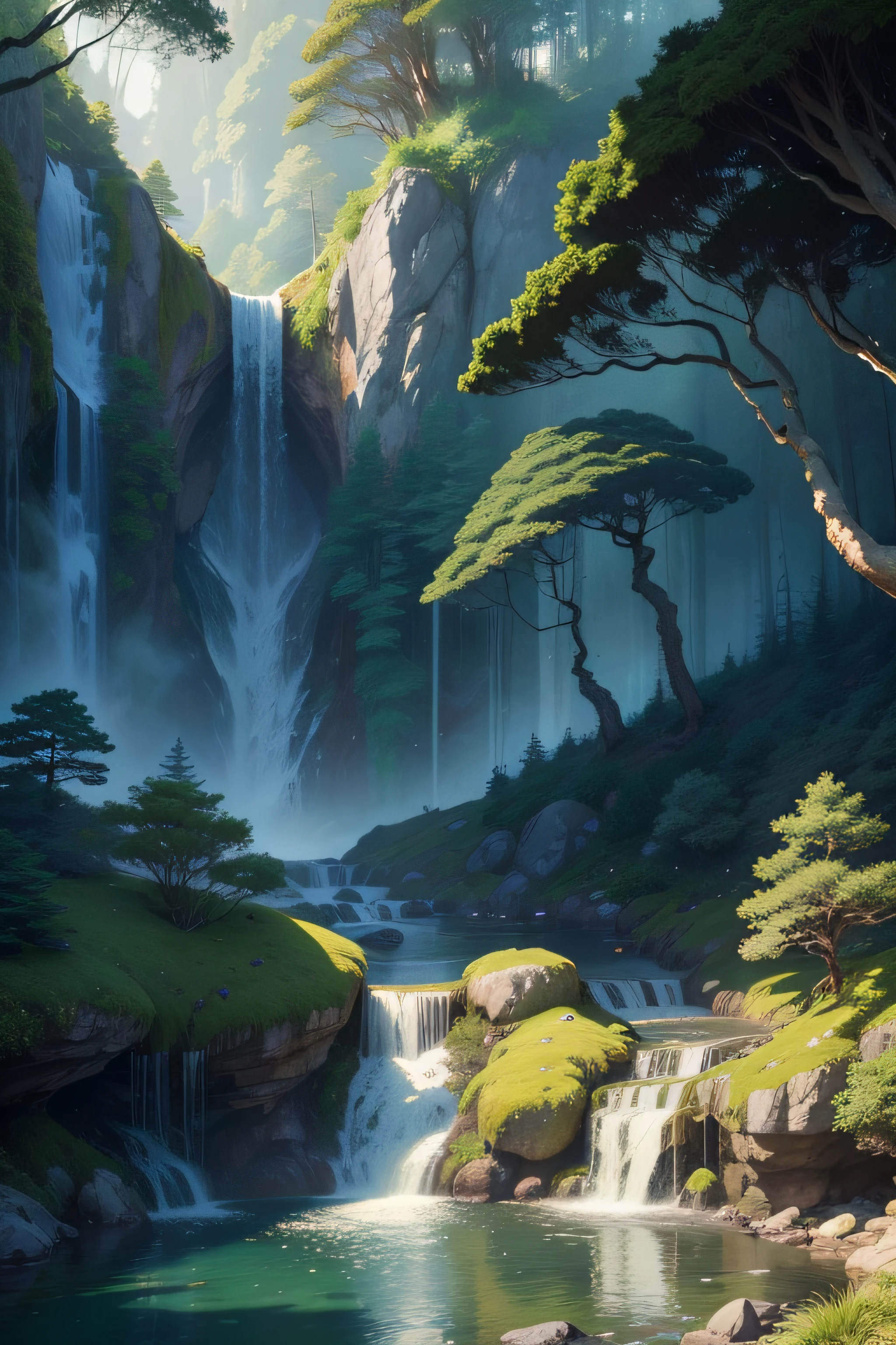 A painting of a waterfall in a forest with a waterfall in the ...