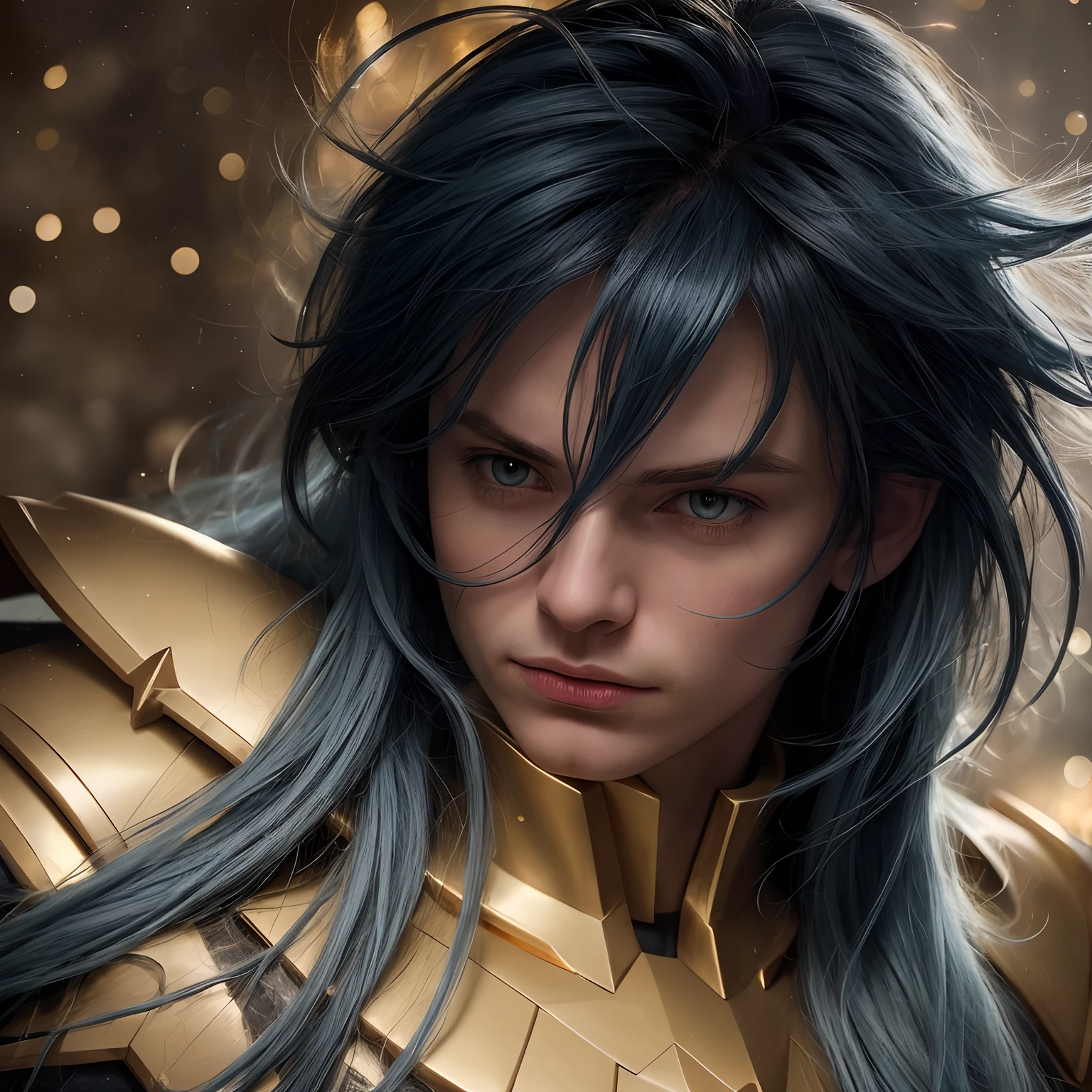 cinemactic, incrivelmente detalhado e ultrarrealista, Camus of Aquarrius Saint Seiya. Close up. He's wearing pretty realistic golden armor. Armadura dourada brilhante. ((Bright golden armor)). Armadura com brilho natural. Octane is the perfect tool to capture the softest details of this 16k photography masterpiece. He is a handsome white man about ((35 years)) old. 1 homen. ((French man)). beautiful face. Rosto detalhado. Nariz bonito. Nariz fino e alongado. (Olhos azuis muito grandes). Cold expression. olhos perfeitos. Cold expression. ((depilado)). Strong expression. He has long ((light petrol blue)) hair. messy hair with bangs. messy hair. Pelas de rosas flutuando em torno ele. Landscape starry sky.