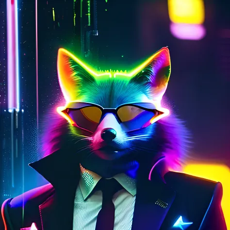 um homem raposa, starfox, Wearing a suit and sunglasses, with cyberpunk aesthetics, cinematic lights, ambiente escuro, com chuva e neon