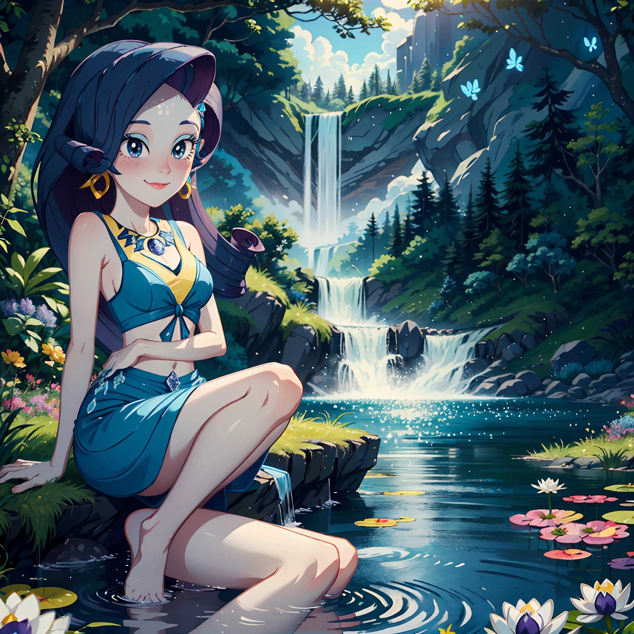 Rarity, rarity from my little pony, rarity in the form of a girl, lushes breast, curvy hips, dark purple curly hair, blue oceanic eyes, white and blue royal dress, in a mythical forest, (((yoko suwari sitting position))), sitting down on grass, waterfall, blue and white flowers everywhere, columns, barefoot, diamonds earrings, soft decent smile lavender flowers, lily pads on the river, night time, anime night sky, beautiful glowing white and blue butterflies,