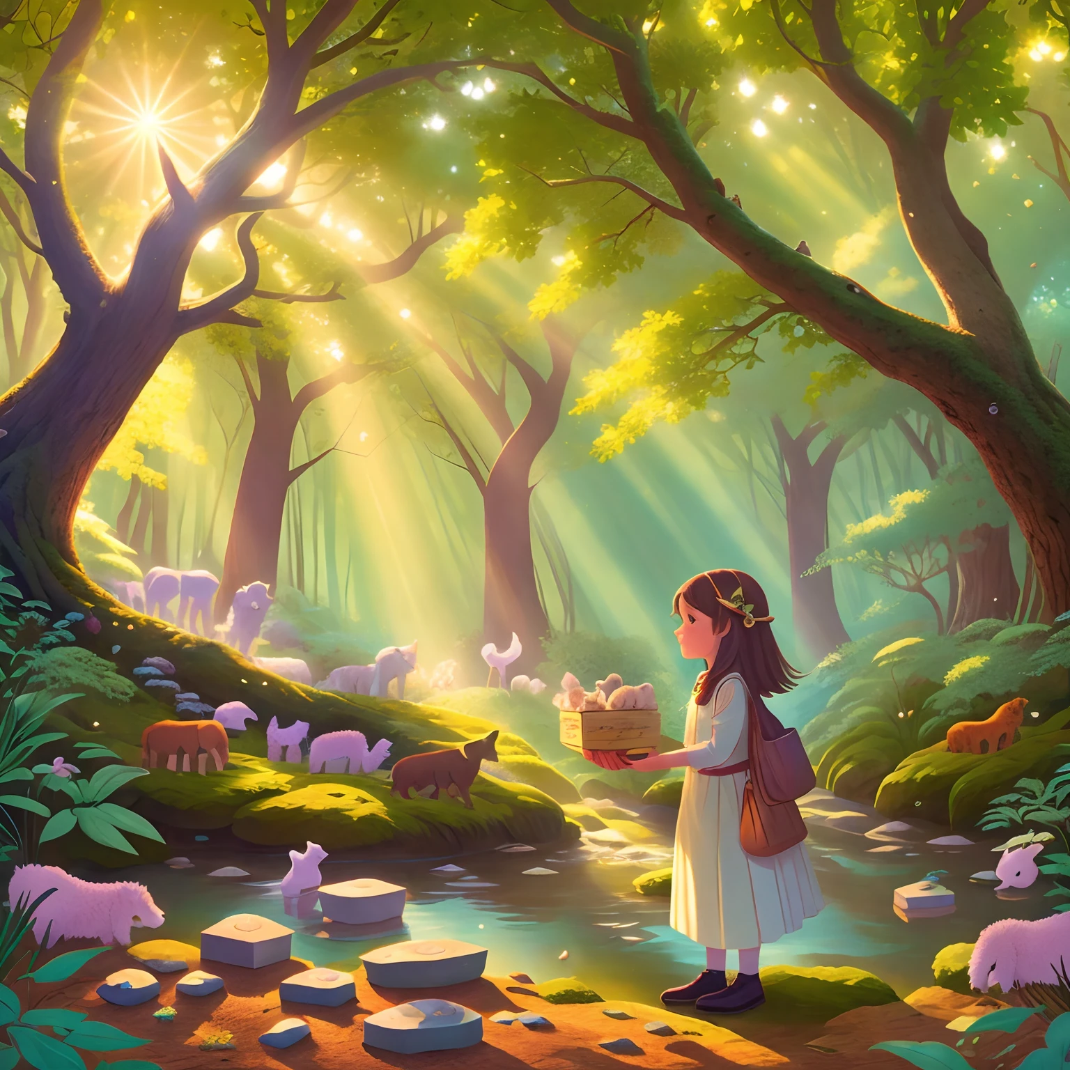 Little girl standing in the forest，Facing the Huge Oak Tree, A bright light shone on her ，In her hand she held a box of shimmering stones.Surrounded by animals.Cartoon photography