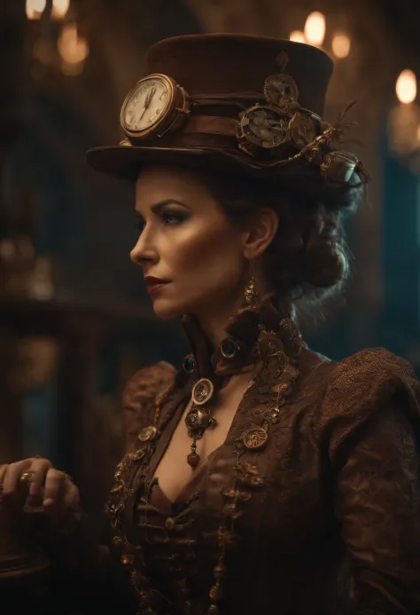 There's a woman wearing a Steam Punk hat and holding a gun, menina  Steampunk, usando trajes Steampunk, inventora steampunk, (Steampunk) -  SeaArt AI