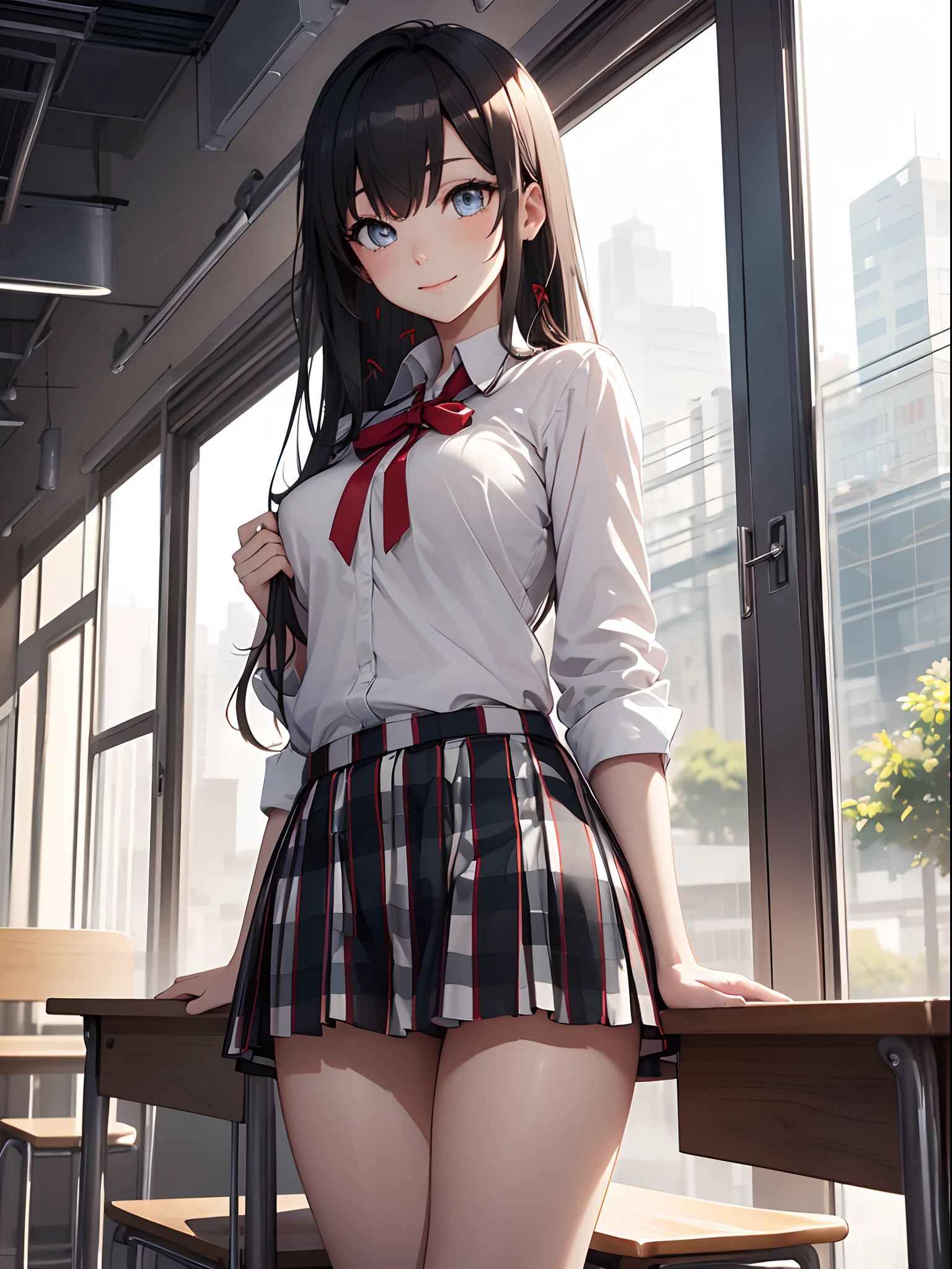 (masterpiece, best quality:1.2), solo, 1girl, yukinoshita yukino, slight smile, looking at viewer, sitting, , ((white shirt, full sleeves)), plaid skirt, ((bare legs)), afternoon, classroom, BREAK looking at viewer, (smile), (((holding skirt, lifting skirt, white panties exposed))), (medium boobs), ((bare thighs)), thigh focus, BREAK (masterpiece:1.2), ((cowboy shot)) best quality, high resolution, unity 8k wallpaper, (illustration:0.8), (beautiful detailed eyes:1.6), extremely detailed face, perfect lighting, extremely detailed CG, (perfect hands, perfect anatomy),