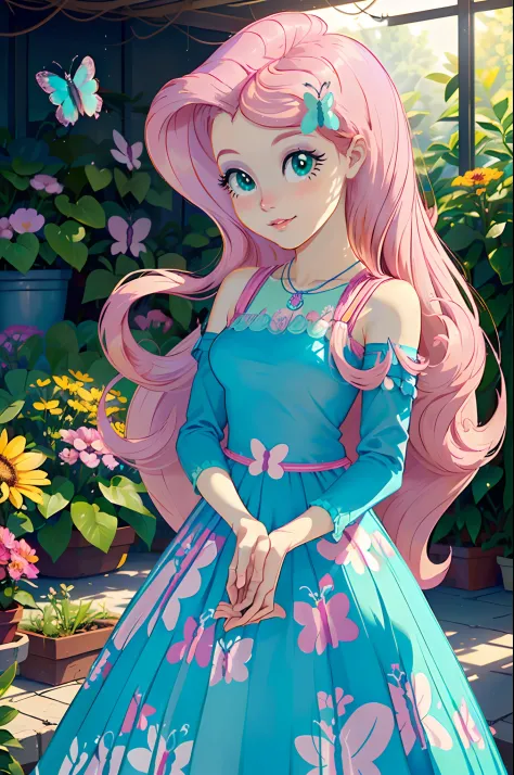 Fluttershy, fluttershy form my little pony, fluttershy in the form of a girl, in a greenhouse full of flowers, holding flowers, ...