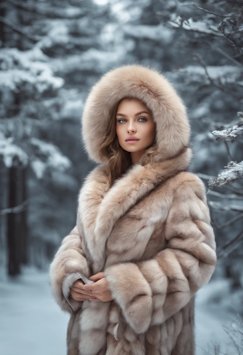 A woman in a fur coat standing in the snow - SeaArt AI