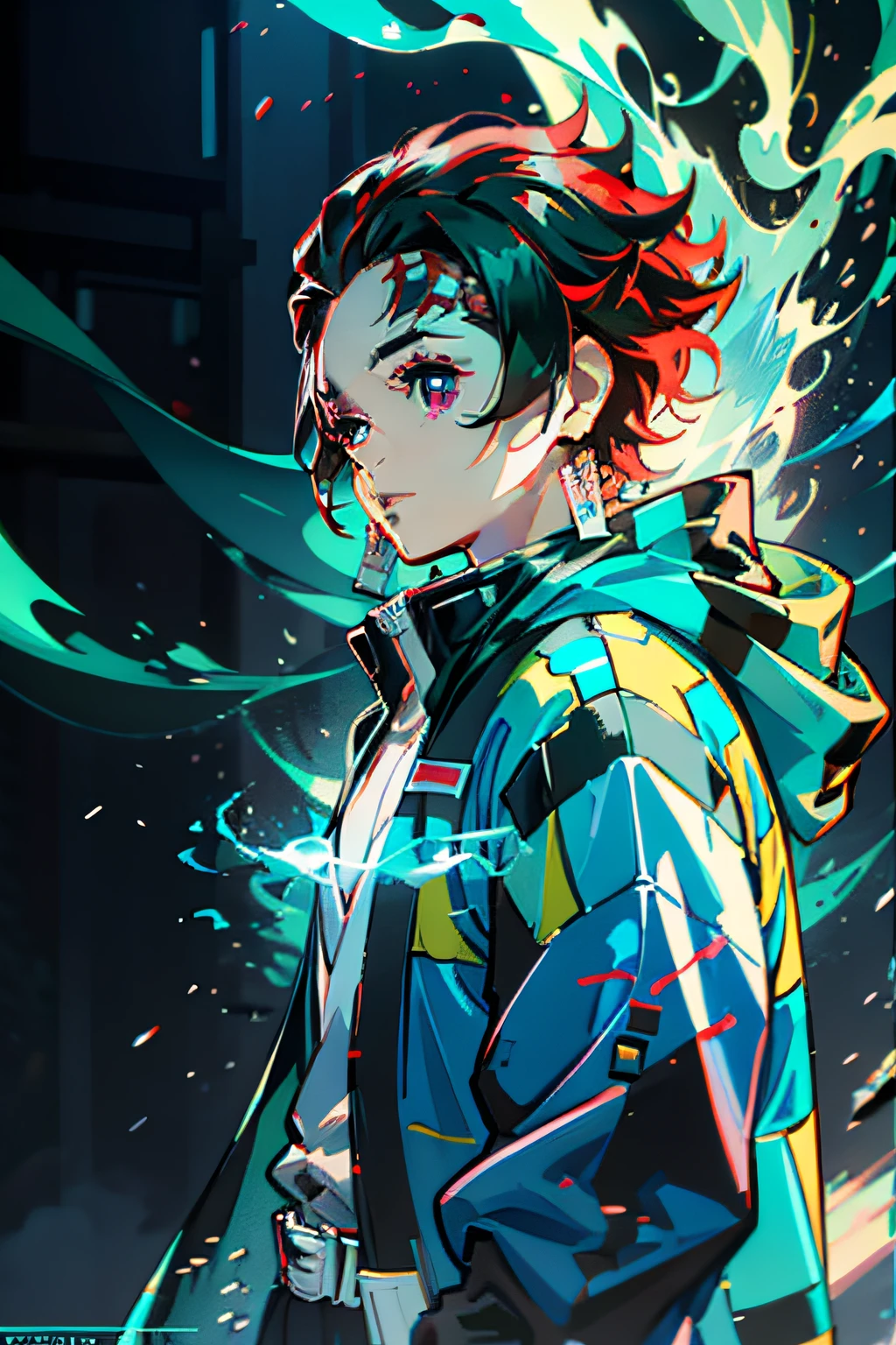 Tanjiro trägt hellgrüne Cyberpunk-Jacke, blaues Schwert, Blaues Feuer und Aura um ihn herum, cyberpunk theme, 4k, ultrascharf