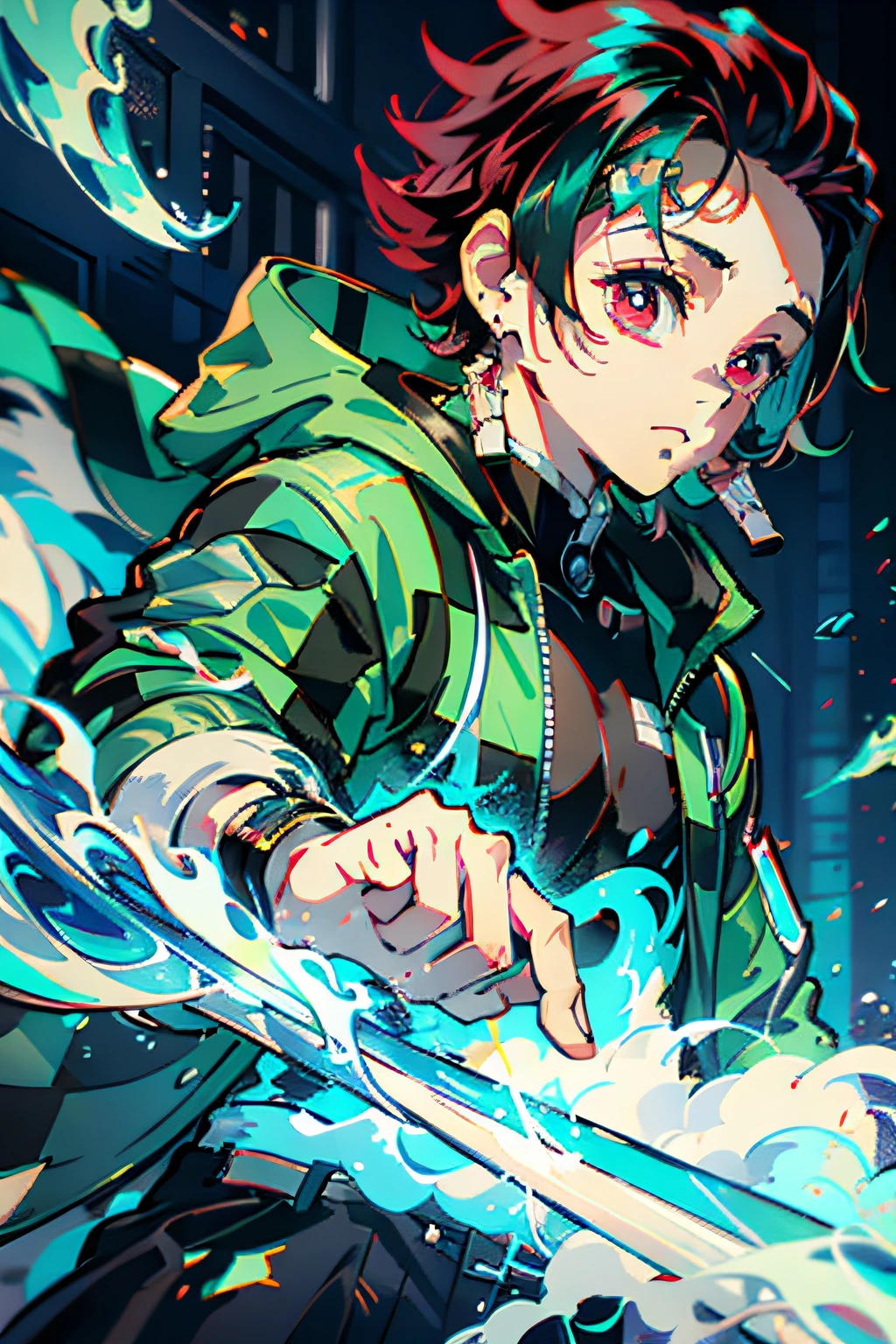 tanjiro wearing light green cyberpunk jacket, blue sword, blue fire and aura around him, cyberpunk theme, 4k, ultra sharp