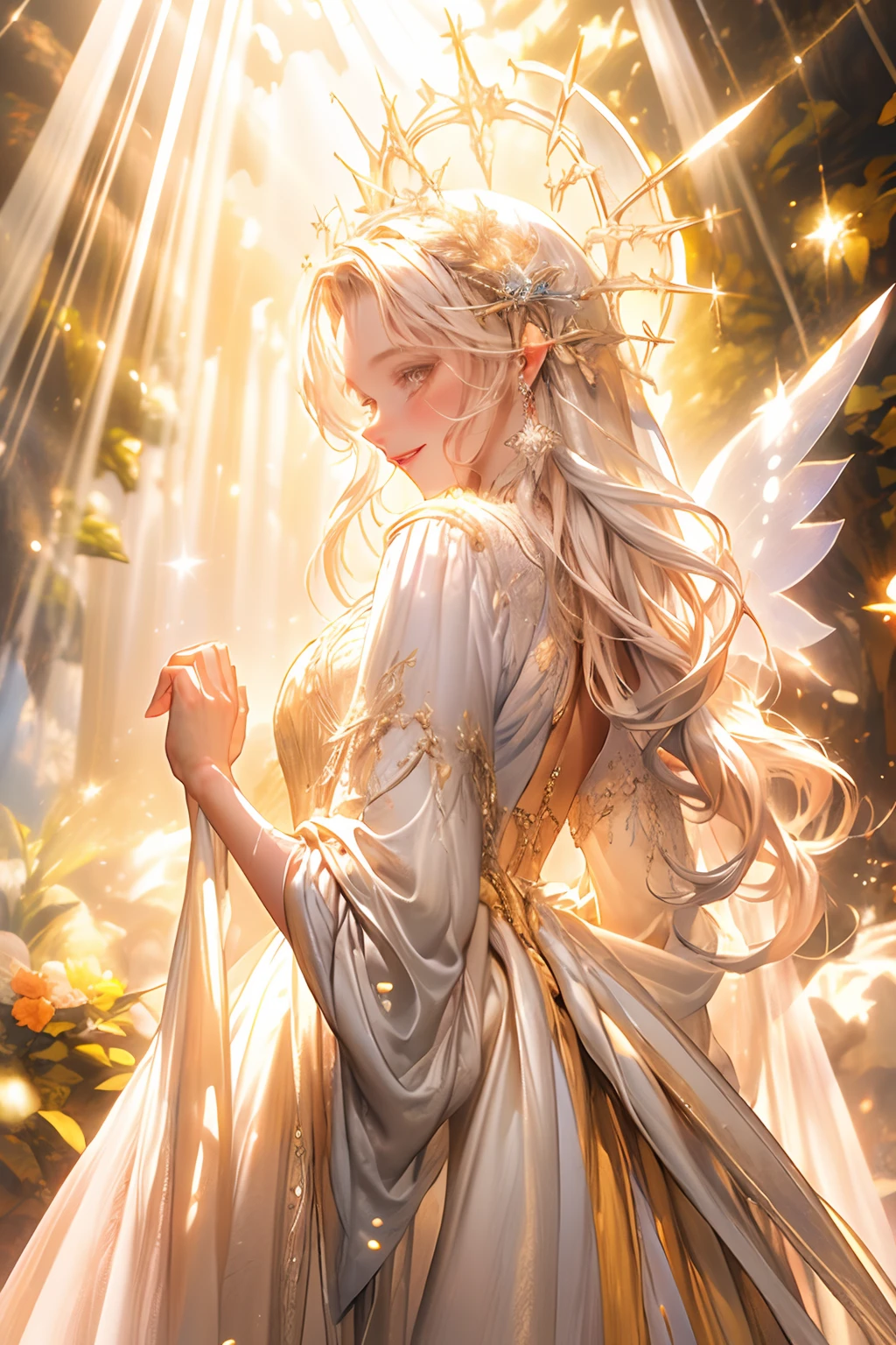 (((obra-prima))), ((melhor qualidade)), (super detalhe), cinematiclight, Colorful fairy in the middle of a snow-white scenery being illuminated by a beam of sunlight shining her body with a cheerful and amused mood, staring blankly at the viewer, inviting him to dance with her, extending his hand forward