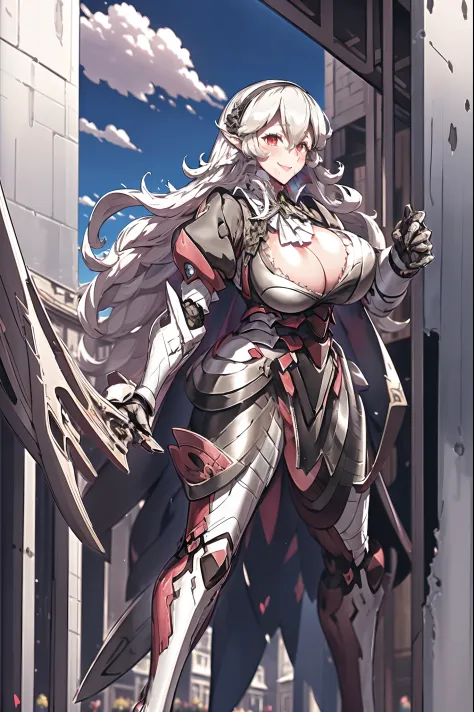 masterpiece, best quality, defCorrin, black hairband, armored dress, blue cape, puffy sleeves, juliet sleeves, vambraces, black gloves, armored legwear, upper body, looking at viewer, castle, gothic architecture, smile, sky, clouds, hands to heart, bimbo, ...
