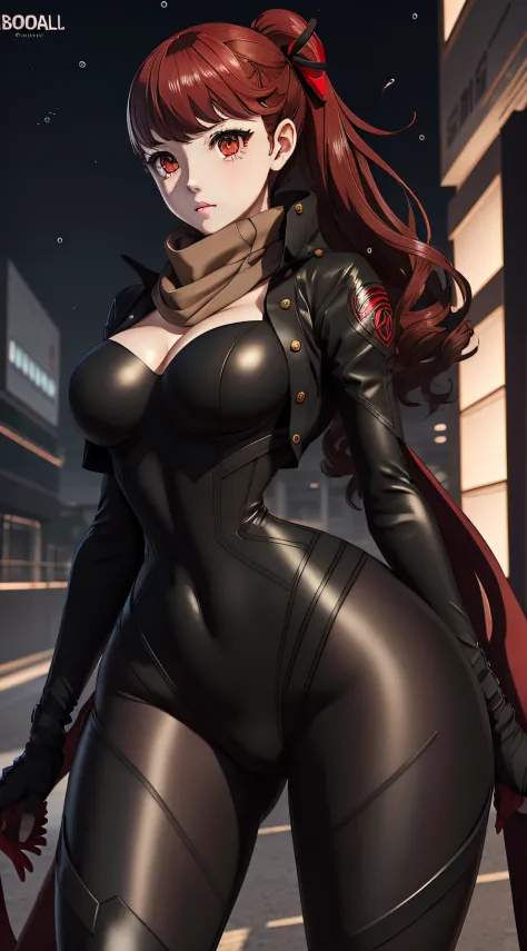 Beauty anime girl /// (PERSONA 5) wearing detailed combat body suit with scarf, upperbody shots, detailed skin, face sharp focus, detailed eyes and pupils, detailed hair, intricate details and sharp, masterpiece, global illumination, real shadow, bokeh, be...
