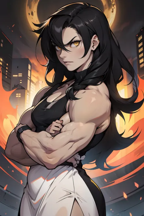 1 girl pale skin black hair yellow eyes long hair angry muscular toned body bodybuilder night dress