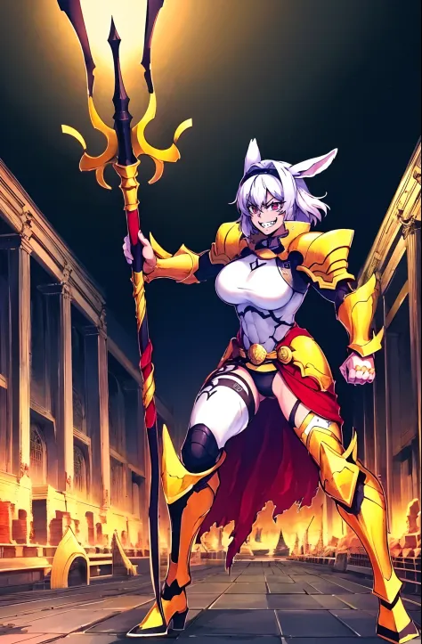 4k, highly detailed, anime style, HDR, subsurface scattering, in a temple, temple being destroyed, Greek temple on fire background, (masterpiece, best quality:1.2), caenis,( fgo stage 3), 1girl, big breasts, looking at fires, smile, short hair, white hair,...