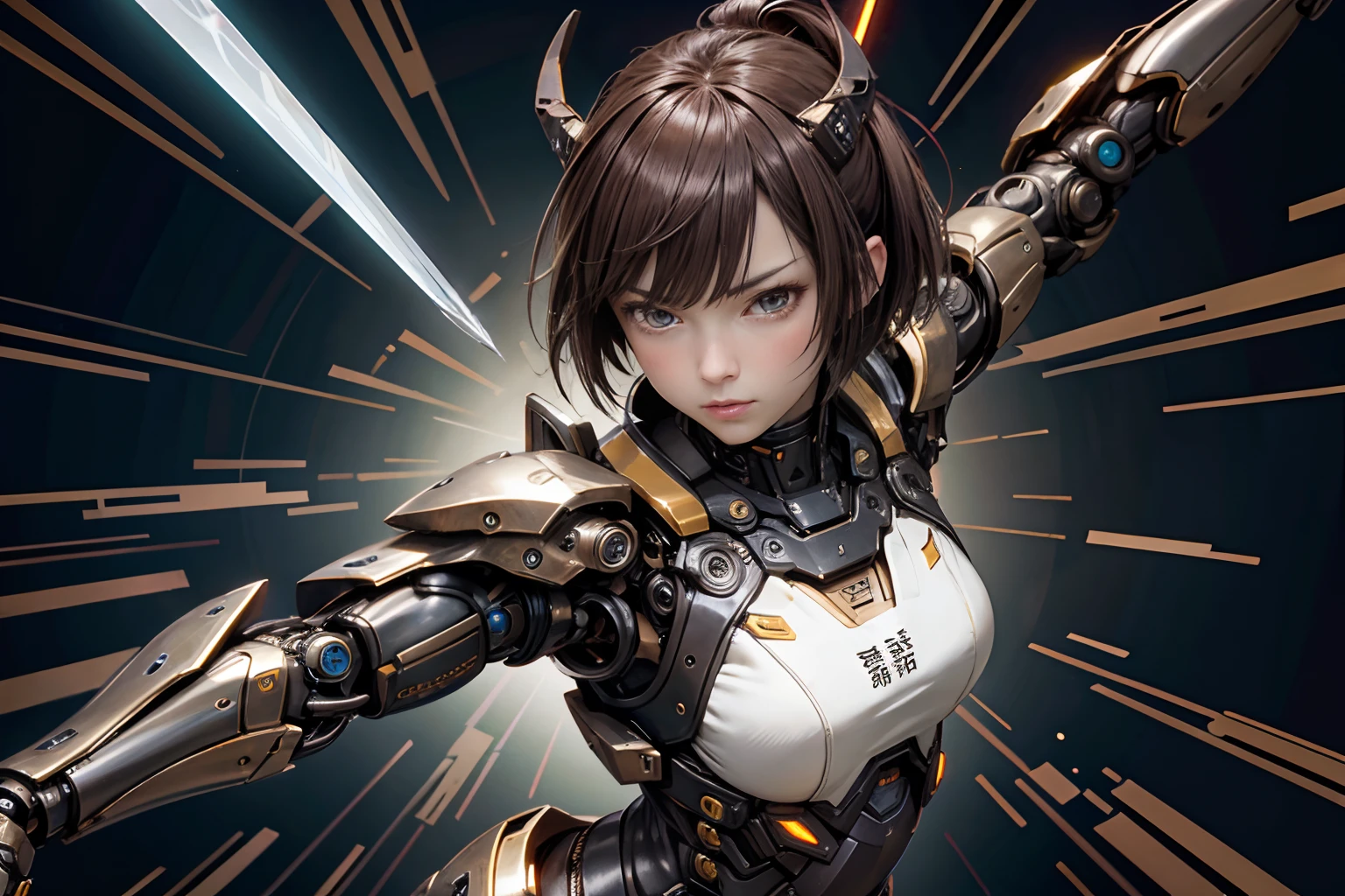 Fantasy、Brown hair color、a short bob、cyberpunked、(Double Sword、Scorpion Cyborg Woman、Das Veilchen:1.1)、1 woman、Mechanical technology、Robot Presence、Ninja-like fighting stance、Cybernetic Guardian、