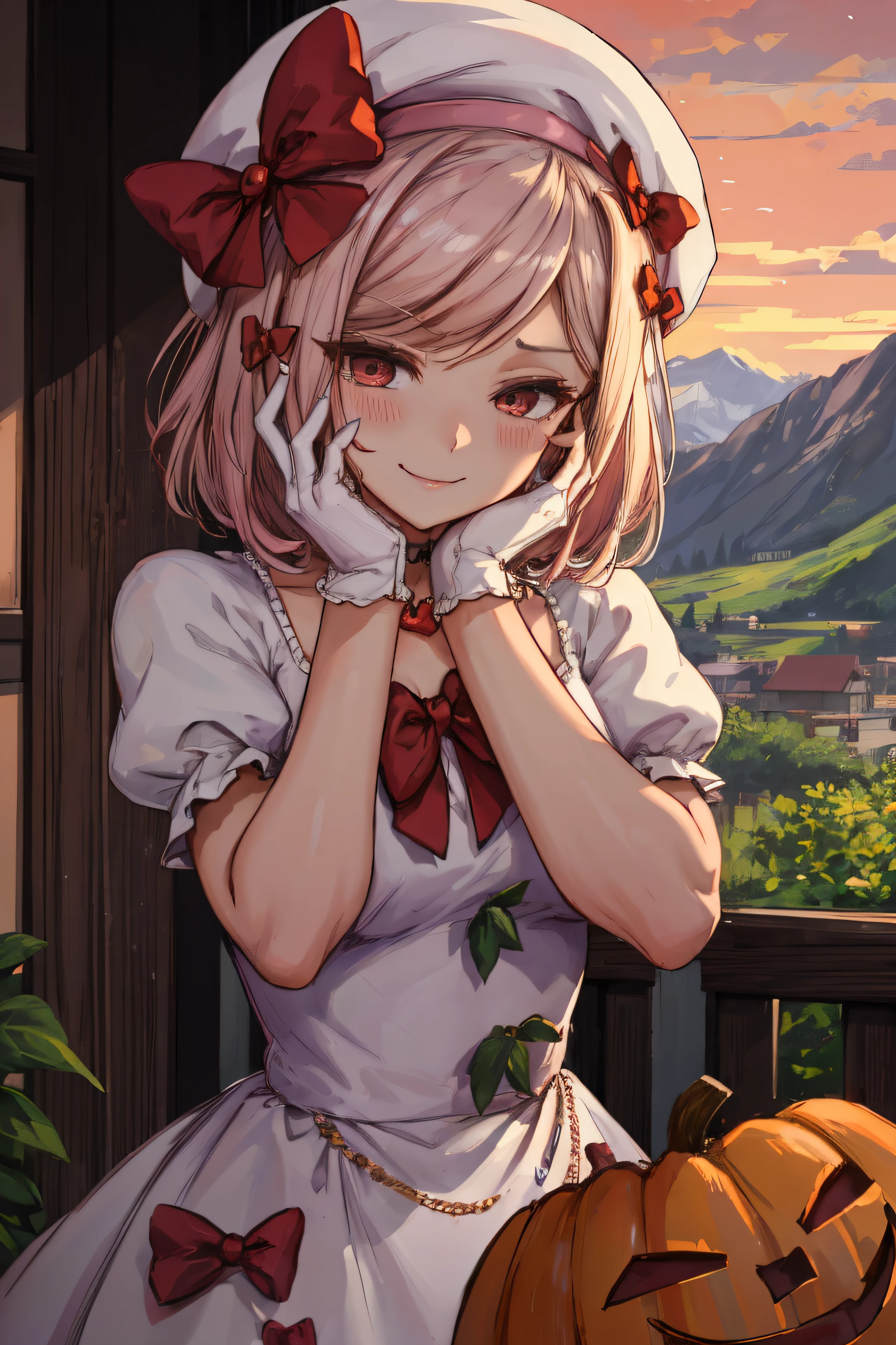 (masterpiece),(best quality), lambdadelta ,dress, striped stockings, red bow, pink hat, necklace, gloves, pearl, pumpkin brooch,  crazy face, upper body, persistent stare, mountains, forest, looking at the viewer, red sky, yandere trance, yandere, hands on own face,hands on own cheeks, blank eyes, blush, large smile, yandere smile,