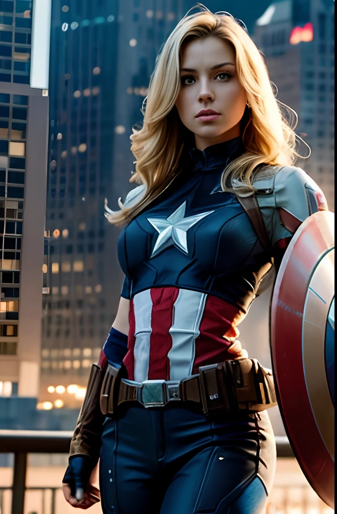 Masterpiece, 1girl, cowboy shot of a beautiful female as Marvel's Captain America, fine delicate features, American Dream, holding her circular shield,  futuristic NYC background, Sci-Fi, blonde, super-heroine, heroic, perfectly proportioned, photograph, hyper realistic, masterpiece, 8K, large format camera, 110 mm lens, dynamic lighting, rim lighting