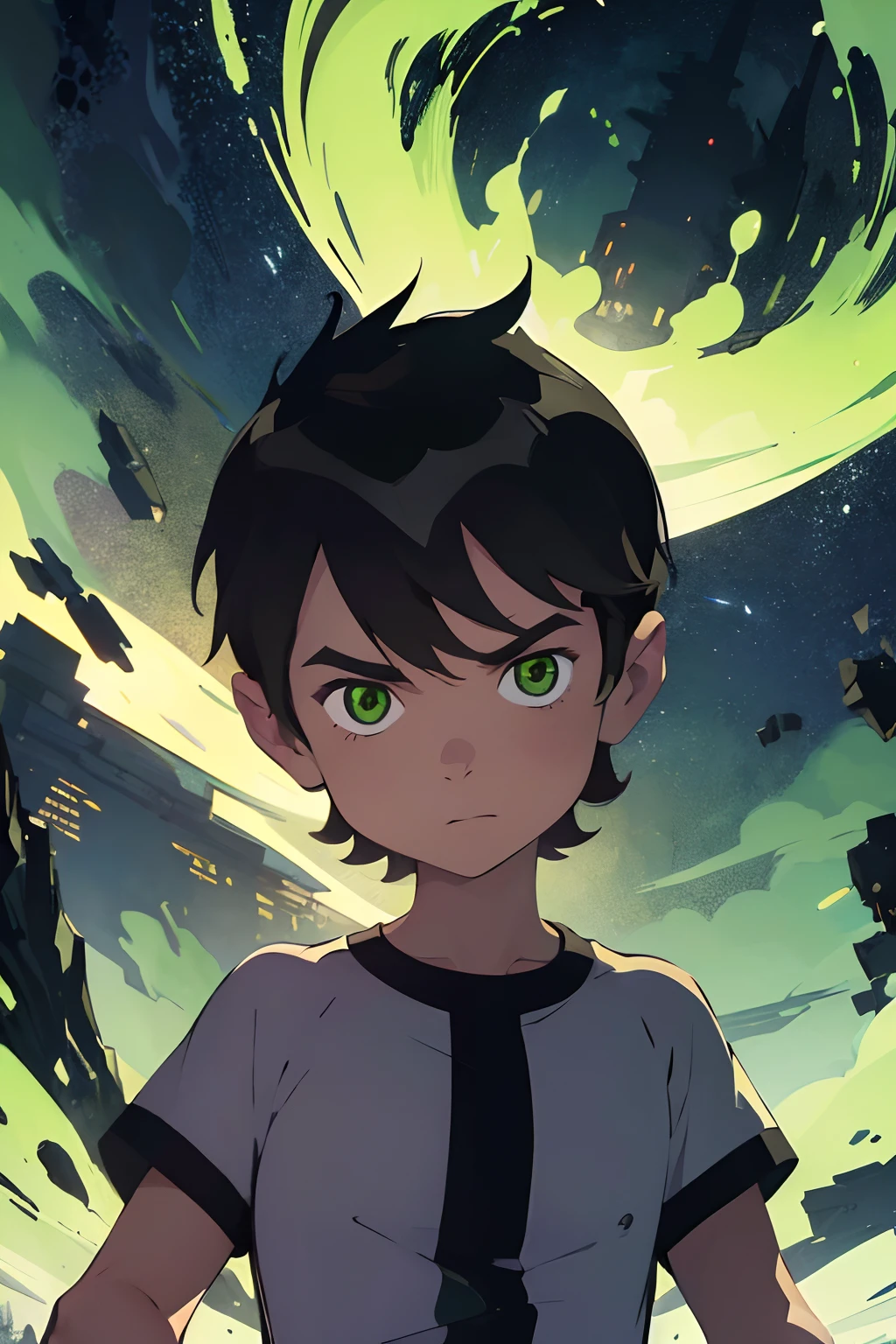 bentennyson, (masterpiece, best quality, ultra-detailed, best shadow), (detailed background,dark fantasy), (beautiful detailed face), high contrast, (best illumination, an extremely delicate and beautiful), ((cinematic light)), colorful, hyper detail, dramatic light, intricate details, omnitrix, glowing green, white shirt with black stripe, 1boy, solo , black and green lava lamp background