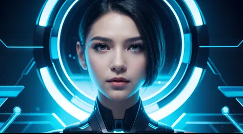 headshot of AI as a beautiful young cyborg woman, elegant explorer delves into a quantum microcosmic world adorned with futuristic geometric forms. Her poise highlights the surreal and abstract beauty within this microscopic quantum realm.