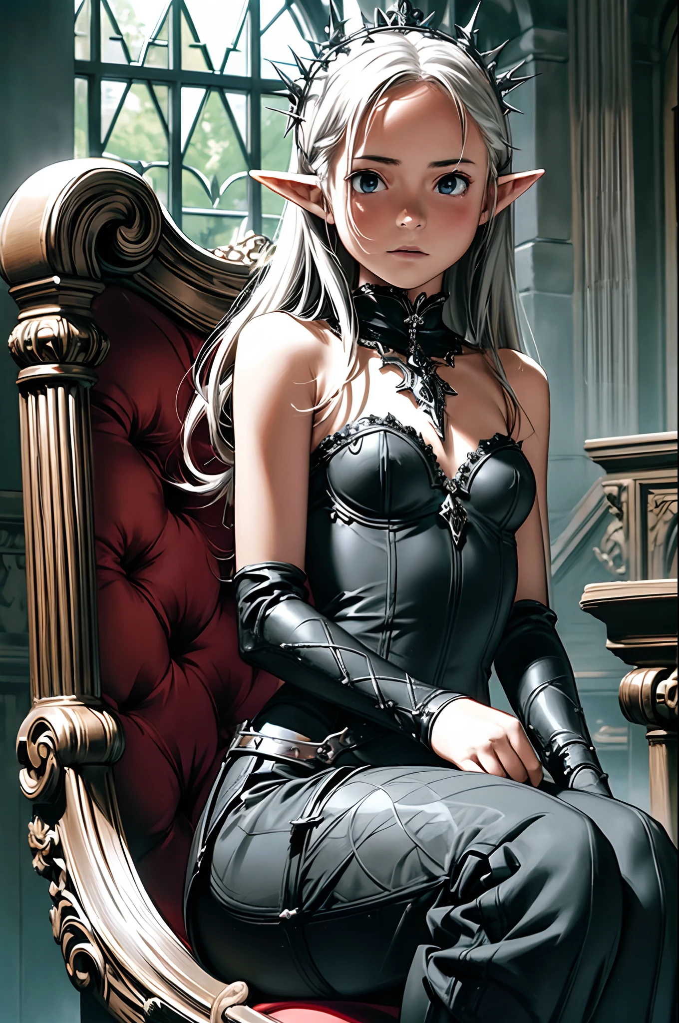 (beste Qualität, Meisterwerk, Ganzkörper), 1 Mädchen, elf, Elfenmädchen, Weiße Augen, Betrachter betrachten, sitting on gotisch throne silver details, dunkle Atmosphäre, gotisch, schwarzer Gymnastikanzug, bodysuit gotisch girl, großer und glatter mittelalterlicher Thron , dark gotisch medieval setting, Mittelalterliche Burg, Rüstung auf den Schultern, niedliches Gesicht, , kleine Brüste, Dornenkrone, vorne sitzen, Mädchen von vorne die Beine offen