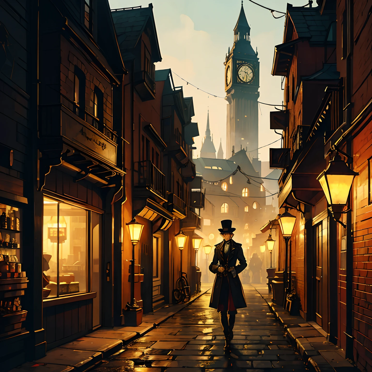 (best quality,highres),detailed steampunk cityscape,mechanical structures,complex gears,smoke-filled streets,vibrant atmosphere,vintage architecture,brass accents,foggy skies,giant clocktower,hanging gardens,ornate street lamps,mysterious alleys,goggles and top hats,floating airships,industrial factories,cobblestone streets,steam-powered vehicles,victorian fashion,glowing neon signs,en