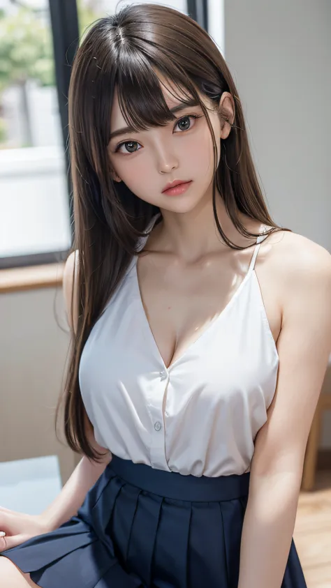 top-quality、超A high  resolution、(Photorealsitic:1.4)、(ulzzang-6500:0.4)、Beautie、Korean  Idols、18year old、length hair、Light brown hair、Hairstyle with clean  waviness、、very small breasts、Realistic eyes, Beautiful eyes、a  smile、croptop、a