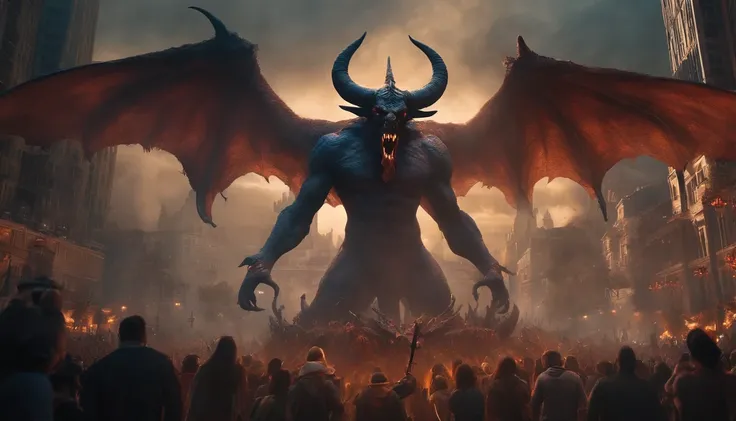 Giant demon with lightning wings and fire horns spread across a city ...