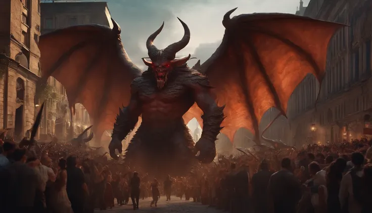 Giant demon with lightning wings and fire horns spread across a city ...