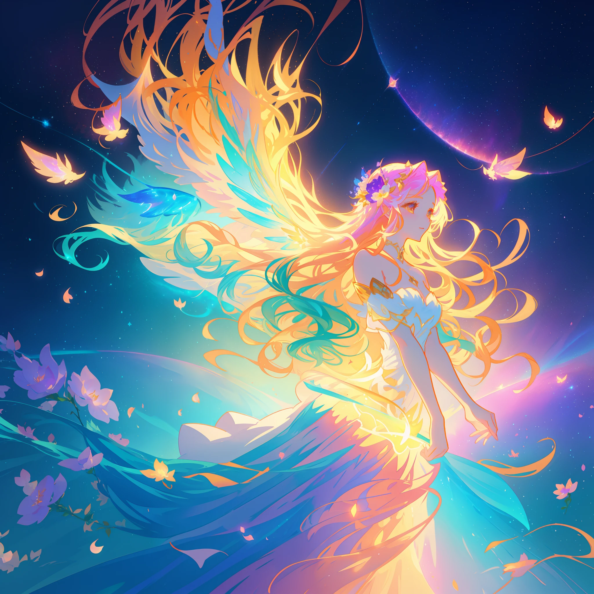 beautiful girl in flowing ballgown dress, (glowing fairy wings), glowing flowing ballgown, long wavy hair, sparkling fairy wings, watercolor illustration, flowers and colorful plants, inspired by Glen Keane, inspired by Lois van Baarle, disney art style, by Lois van Baarle, glowing aura around her, by Glen Keane, jen bartel, glowing lights! digital painting, flowing glowing hair, glowing flowing hair, beautiful digital illustration, fantasia otherworldly landscape plants flowers, beautiful, masterpiece, best quality, anime disney style