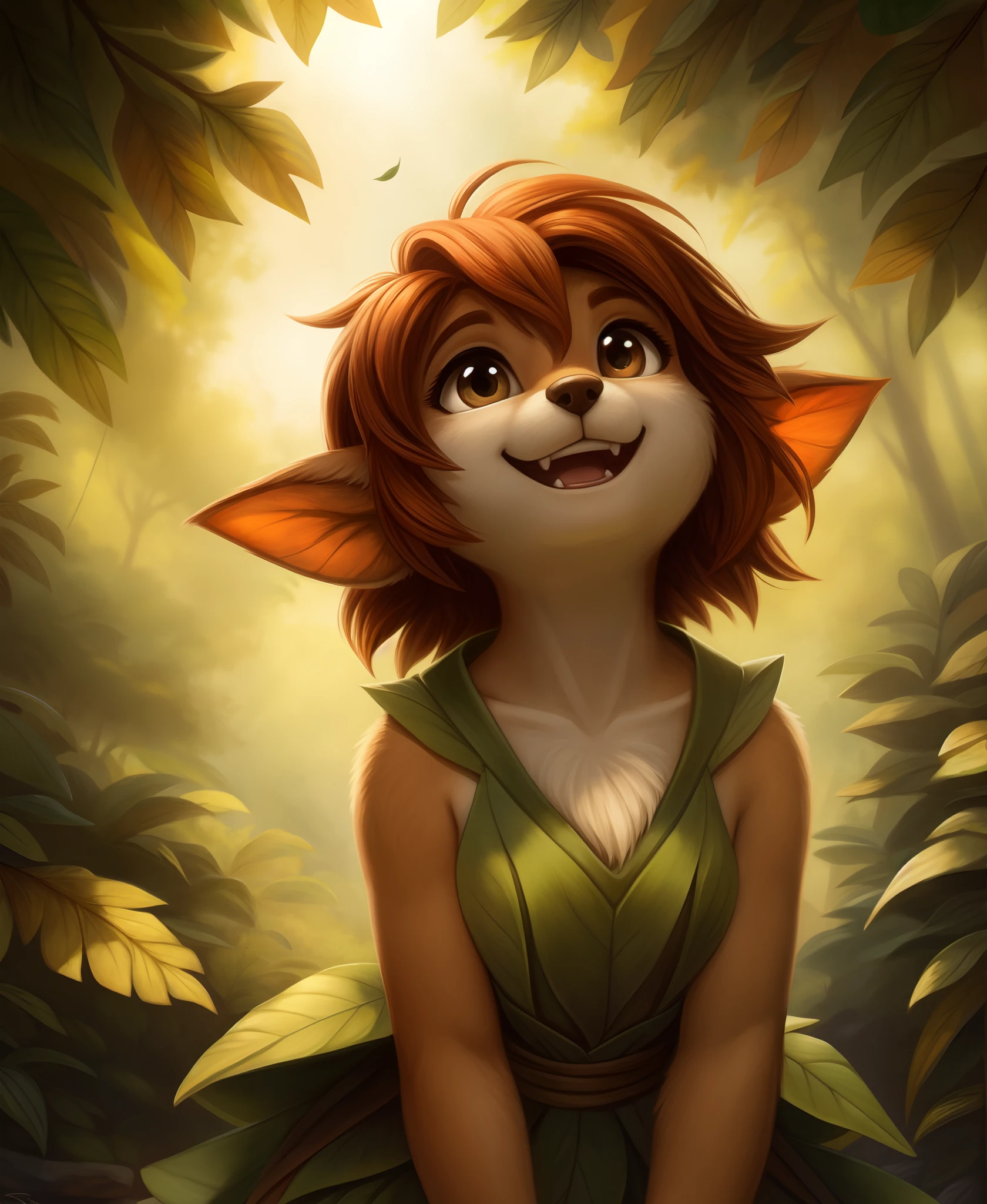 elora furry, detailed and extremely fluffy body fur, fluff, masterpiece, looking up beautiful surroundings, detailed background, happy, leaf-dress,