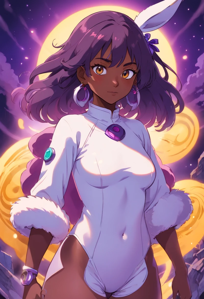 anime girl character, dark skin, brunette skin, purples eyes, cabelo roxo escuro com roupa de reversed bunnysuit com background de cassino