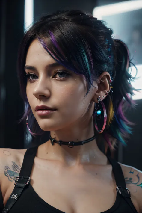 ((best quality)), ((masterpiece)), ((realistic)), (detailed), (1 girl) Close-up of woman with colorful hair and piercings, dream...
