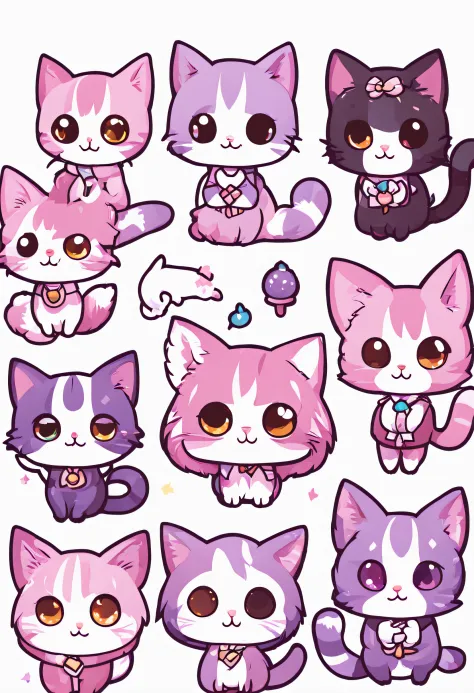 Small and various cute nekomimi stickers in pink and lilac colors