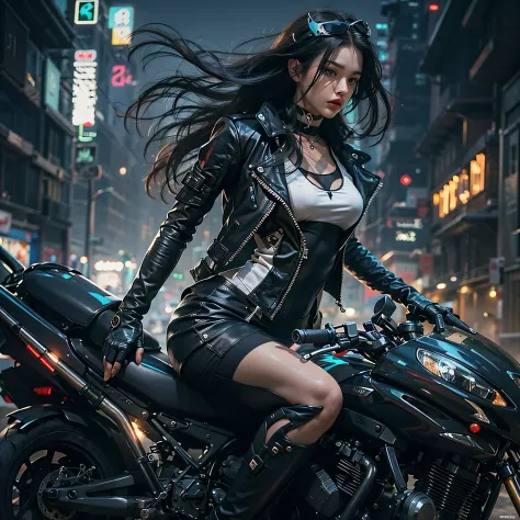 Huntress riding a high-tech motorcycle, Shoot high-tech cannons, Sparks from guns, (1womanl, Brown eyes, White skin, Twin-tailed...